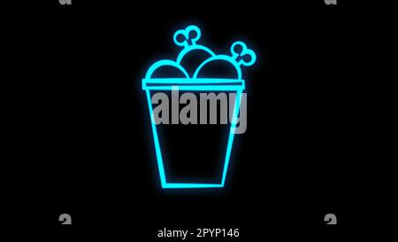 Chicken bucket neon light icon. BBQ chicken drumsticks, legs. Unhealthy fast food. Cafe, steakhouse menu. Meat cookery. Glowing sign with alphabet, nu Stock Vector