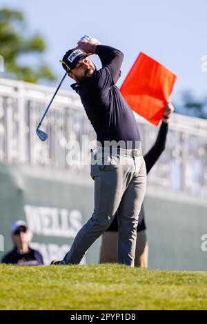 Charlotte, NC, USA. 4th May, 2023. Stephan Jaeger on the 17th tee during the First round of the 2023 Wells Fargo Championship at Quail Hollow Club in Charlotte, NC. (Scott Kinser/Cal Sport Media)(Credit Image: © Scott Kinser/Cal Sport Media). Credit: csm/Alamy Live News Stock Photo