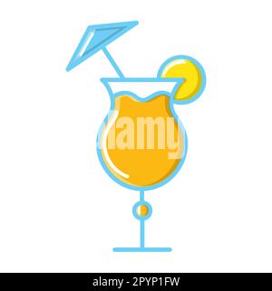 Alcoholic delicious juicy cocktail drink in a glass with an umbrella and lemon lime orange and straw icon on a white background. Vector illustration. Stock Vector