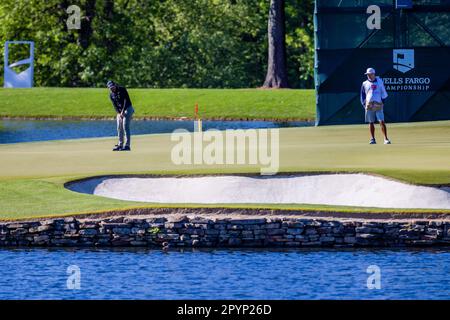 Charlotte, NC, USA. 4th May, 2023. Stephan Jaeger attempts a birdie put on the 17th green during the First round of the 2023 Wells Fargo Championship at Quail Hollow Club in Charlotte, NC. (Scott Kinser/Cal Sport Media). Credit: csm/Alamy Live News Stock Photo