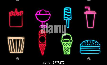 Large set of neon bright glowing delicious sweet food and treats, fast food, burger treats, popcorn, fries, soda, ice cream for use as an icon, logo o Stock Vector