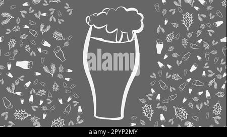 Texture seamless pattern of multi-colored glasses of mugs with foam beer light dark lager and stout with branches of hop and malt plants. The backgrou Stock Vector