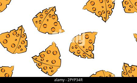 cheese on white background, vector illustration, pattern. an appetizing triangular slice of cheese with holes. seamless illustration, wallpaper, styli Stock Vector