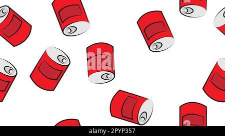 Vector seamless pattern with tin cans of tomato soup in retro style on light background. Repeatable illustrations for condensed tomato soup. Stock Vector