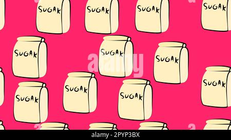 package with sugar on a pink background, vector illustration, pattern. paper bag filled with spices. sugar for baking. food for vegan. wallpaper for c Stock Vector