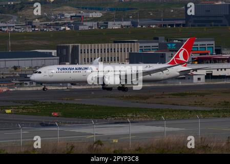 Istanbul, TURKEY - April 29, 2023: Istanbul Airport operated by IGA is the main hub of Turkish Airlines. Several THY aircraft land and take-off every Stock Photo