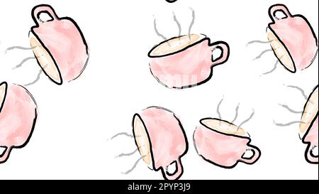 Texture seamless pattern of pink cups of mugs with a handle of hot delicious invigorating black coffee painted with watercolor paint brush with steam. Stock Vector