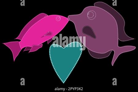 Two fish, purple and pink, stitched with white threads kiss next to the heart of blue on a black background. Marine love. Vector illustration. Stock Vector