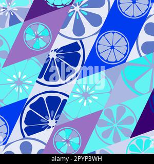 Texture blue with a pattern of lemons limes oranges citrus fresh fruit vitamin summer tropical delicious sweet on a background of rhombuses for wallpa Stock Vector