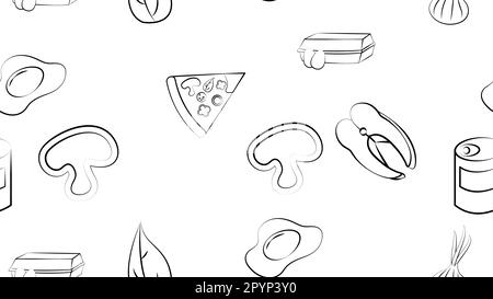 Black and white endless seamless pattern of food and snack items icons set for restaurant bar cafe: egg, mushroom, fish, canned food, onion, pizza, gr Stock Vector