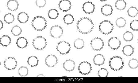 Texture seamless pattern of black round abstract carved metal beer caps with sharp edges for clogging beer bottles used in brewing gears on a white ba Stock Vector