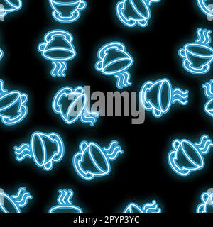 Seamless pattern, texture abstract neon bright glowing flashing blue from icons, glasses with hot coffee, tea and copy space on black background. Vect Stock Vector