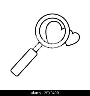 Black and white linear simple icon of a beautiful magnifier and hearts for the feast of love on Valentine's Day or March 8th. Vector illustration. Stock Vector