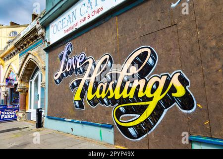 'Love Hastings' graffiti at the White Rock Hastings waterfront, Hastings, England, UK Stock Photo