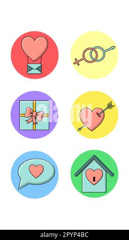 A set of six round icons for the actual with love holiday items, heart, gift letter, balloon house and gender symbols on a white background. Vector il Stock Vector