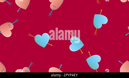 Endless seamless pattern of beautiful festive love joyful hearts with cupid arrow on a red background. Vector illustration. Stock Vector