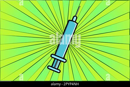 Medical pharmacological healing sterile disposable plastic syringe for injection and health care on a background of abstract green rays. Vector illust Stock Vector