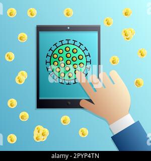 A hand clicks on the icon of the coronovirus covid-19 virus on a digital modern touchscreen tablet. Vector illustration. Stock Vector