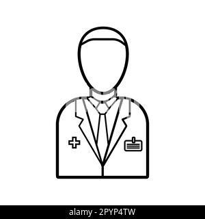 Male doctor of medicine in a white coat with a badge, health worker for the treatment of diseases of patients, a simple black and white icon on a whit Stock Vector