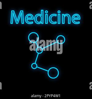 Bright luminous blue medical medical scientific digital neon sign for a pharmacy store or hospital laboratory. A beautiful shiny molecule on a black b Stock Vector