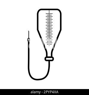 Medical pharmaceutical dropper with a needle and a catheter for the treatment of diseases with medications, a simple black and white icon on a white b Stock Vector