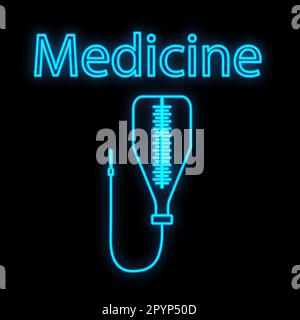 Bright luminous blue medical digital neon sign for a pharmacy or hospital store beautiful shiny with a dropper and the inscription medicine on a black Stock Vector