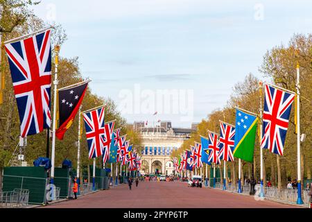 Flags hung for the coronation of King Charles III on Saturday 6th May Stock Photo