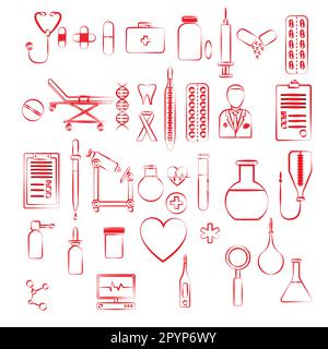 Set of many linear linear red icon items on a medical pharmaceutical theme: flasks, pills, devices, injections, banks, thermometers, stethoscopes isol Stock Vector