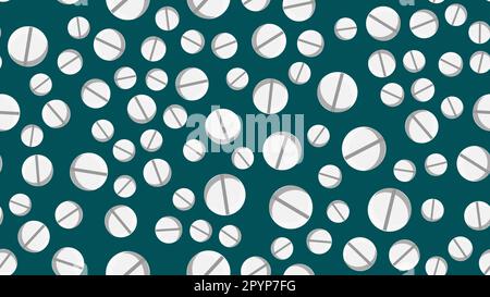 Seamless pattern texture of red round white medical pharmacetic pills with pills with medicine, drugs, vitamins on a blue background. Vector illustrat Stock Vector