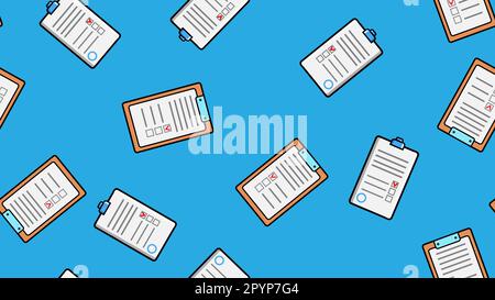 Seamless pattern texture of endless repeating paper sheets of paper contracts with tablets for papers on blue background. Vector illustration. Stock Vector