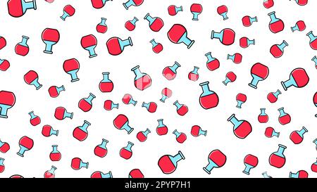 Seamless pattern texture of endless repetitive round red medical chemical glass scientific test tubes of flasks cans on white background. Vector illus Stock Vector