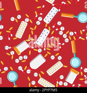 Medical seamless pattern, the texture of medicinal pharmaceutical tablets, cans, capsules, vitamins, drugs, plates, fish oil, thermometer, magnifier o Stock Vector