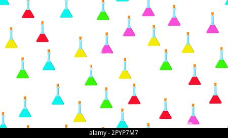 Seamless pattern texture of endless repeating triangular multi-colored medical chemical glass scientific test tubes of flasks cans on white background Stock Vector