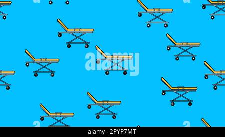 Seamless pattern texture of endless recurring medical beds with wheels, gurney from emergency hospital on blue background. Vector illustration. Stock Vector