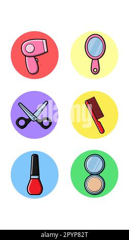 A set of six round icons for contemporary with fashion items from the beauty industry mirror hairdryer comb nightlights nail polish powder box on a wh Stock Vector