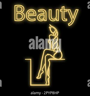 Bright luminous yellow neon sign for a beauty salon spa sauna bath beautiful beautiful shiny beauty spa with a sitting woman with a slim figure and le Stock Vector