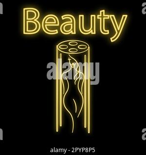 Bright luminous yellow neon sign for a tanning bed of a beauty salon and a tan beautiful brilliant beauty spa with a woman sunbathing on a black backg Stock Vector
