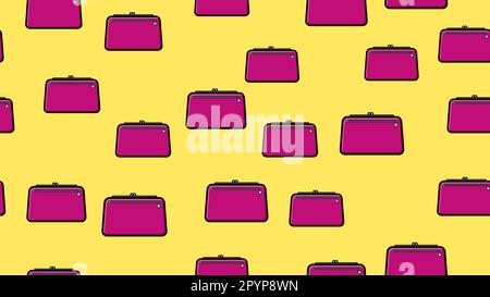 Endless seamless pattern of beautiful beauty items of female glamorous fashion accessories handbags and clutches on a yellow background. Vector illust Stock Vector