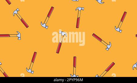 Texture, seamless pattern of metal red metalworking building repair hammers for hammering nails on a yellow background. Vector illustration. Stock Vector