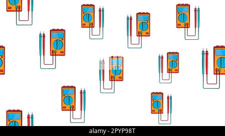 Texture, seamless pattern of red and yellow instruments for measuring the strength and voltage of electric current, multimeter, tester on a white back Stock Vector