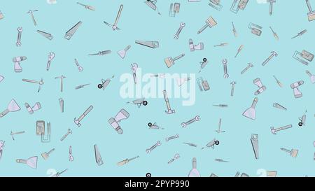Texture, seamless pattern from a set of construction tools for repair: hammer, shovel, screwdriver, wrench, tester, brush, saw, trolley, trowel, ladde Stock Vector