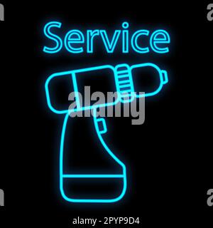 Bright luminous blue industrial digital neon sign for shop workshop service center beautiful shiny with an electric screwdriver for repair on a black Stock Vector