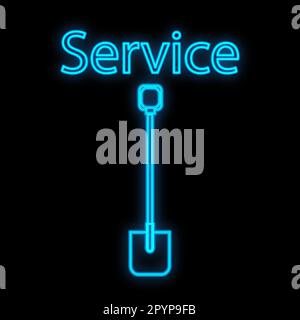 Bright luminous blue industrial digital neon sign for shop workshop service center beautiful shiny with a shovel for repair on a black background and Stock Vector