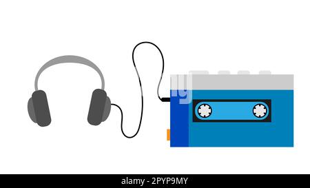 Blue old retro vintage antique hipster portable music cassette audio player for playing audio cassettes from the 80's, 90's and black big headphones. Stock Vector