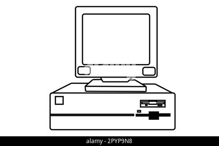 Black and white retro, vintage, old computer from the 80's, 90's with a system unit located beneath a monitor painted with strokes on a white backgrou Stock Vector