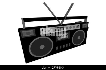 Black and white 3d, volumetric, musical, retro, hipster, antique, old, antique, cassette audio recorder, music center from the 80's, 90's on a white b Stock Vector