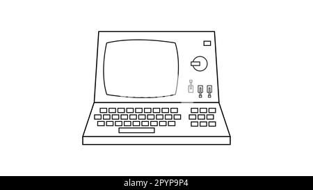 Old retro vintage hipster computer, computer with monitor and keyboard from 70s, 80s, 90s. Black and white icon. Vector illustration. Stock Vector