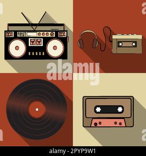 Set of simple flat style icons with long shadow from old retro vintage hipster electronics engineering, music audio recorder, player, cassette, vinyl Stock Vector