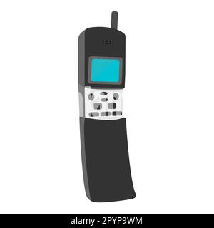 Old black and white cellular big button square retro hipster vintage mobile phone with antenna painted strokes. Stock Vector