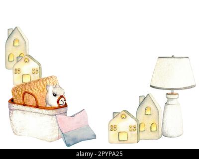 Clip art frame. Watercolor illustration interior of living room with ceramic houses lanterns, wicker basket, toy lama, electric lamp and pillows. Home Stock Photo